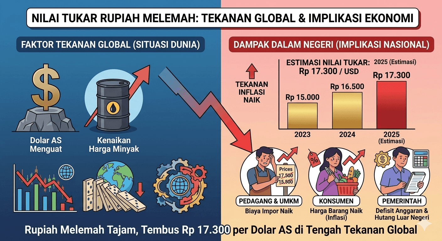 Rupiah Melemah Tajam, Tembus Rp17.300 per Dolar AS di Tengah Tekanan Global